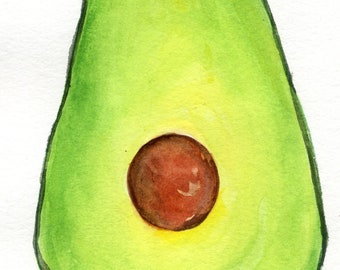 Avocado watercolor painting original, kitchen wall art 5 x 7 Farmhouse Decor