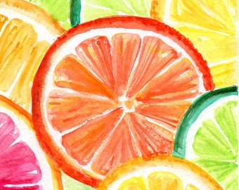 Citrus fruit  Original Watercolor Painting  Orange, Lemon, Grapefruit, Fruit watercolor art 4 x 6  kitchen wall art