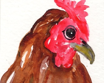 Original Chicken mini watercolor painting  2-1/2"x3-1/2", gift, Artist Trading Card, gift under 20