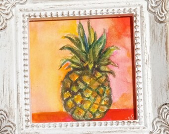Original Pineapple, colorful background Miniature Watercolor Painting, Fruit Still Life Painting, 3x3 Mini Watercolor Art, Framed 4x4 in.