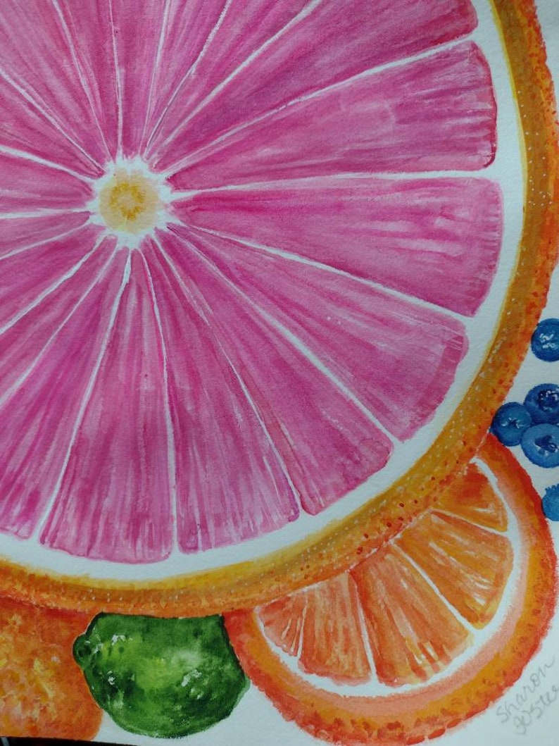 Original Citrus Watercolor Painting, Orange, Grapefruit, Lime slices, Fruit art 12 x 16 kitchen decor, image 3