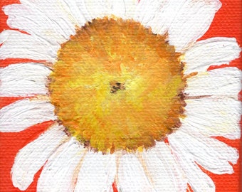 Original White Daisy Mini Painting, 3 x 3 orange little canvas,  acrylic painting, miniature painting, mini canvas