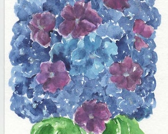 Purple, Blue Hydrangeas watercolor painting original 5x7, flower painting, small watercolor flower art, hydrangea decor, home ,