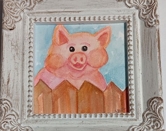 Pig Peeking Over the Fence Miniature Watercolor Painting Framed Original, piggy lover gift under 30