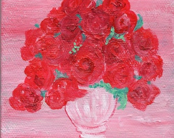 Roses mini canvas painting original 4  x 4, Pink and red, Great Valentine Gift