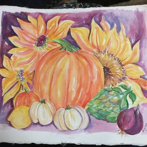 Original Watercolor painting, Sunflowers, pumpkins, artichoke, lemon, onion 10 x 12, home image 2