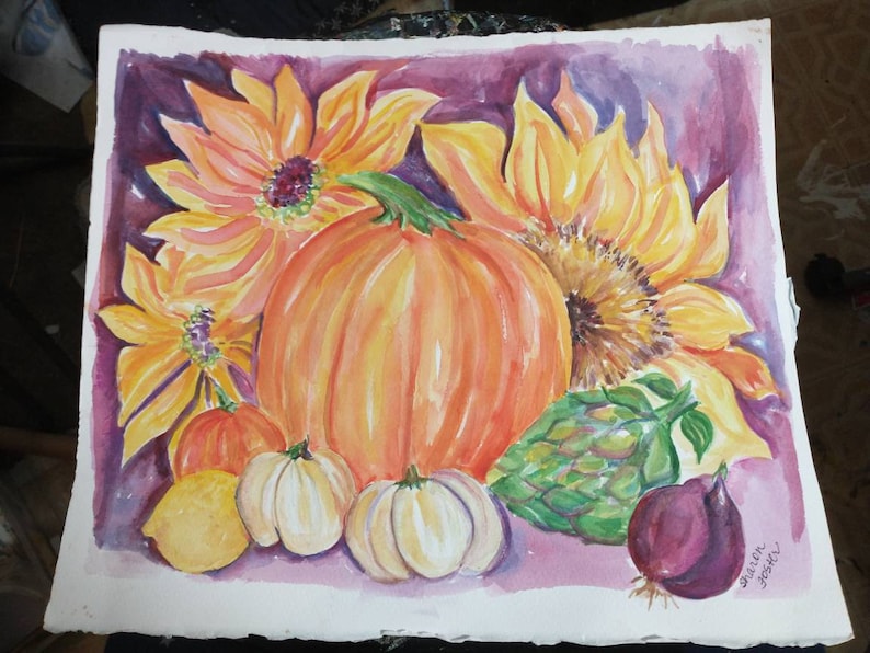 Original Watercolor painting, Sunflowers, pumpkins, artichoke, lemon, onion 10 x 12, home image 2