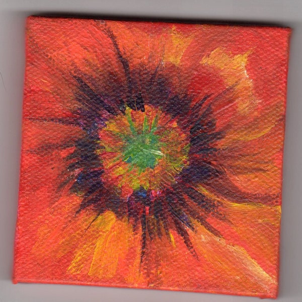 Oriental Poppy center, original mini painting on canvas by Sharon Foster