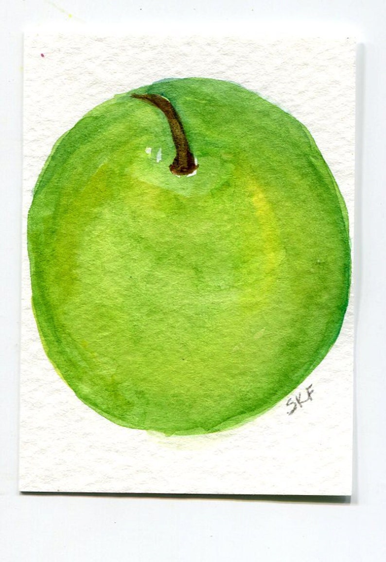 SharonFosterArt ACEO Original Apple Painting watercolor Bright Green Apple art card ACEO  Farmhouse decor