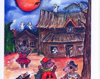 Trick or Treating Possums Halloween Greeting Card, Halloween decor art, Ghosts, spooky haunted house, Funny scary