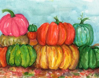 Pumpkins watercolor painting original, Halloween wall decor, Fall artwork, pumpkin patch painting 5 x 7 Thanksgiving, Autumn