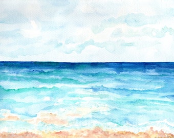 Seascape, Beach original watercolor painting 9 x 12, Minimalist beach house art 9x12, Beach lover gift