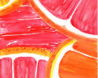Original Watercolor Painting of Grapefruit and Orange, 5x7 Kitchen Wall Art Decor