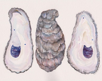 Original Oysters Watercolor Painting  8 x 10  oyster shell art painting watercolor, not a print, Beach lover gift