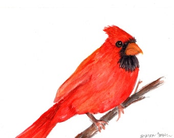 Vibrant Original Cardinal watercolor painting, Red Bird wall art  7 x 5