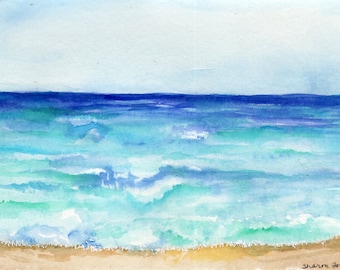 Original Minimalist coastal painting, Florida Beach Seascape Watercolor Painting 5 x 7  ocean, beach art, Beach lover gift