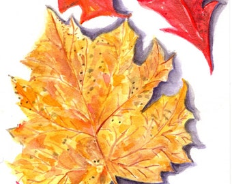 Fall decor, Autumn Leaves Watercolor Painting, leaf art 5 x 7 colorful