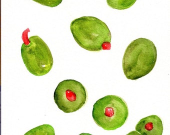 Green Olives watercolor painting original 5 x 7 olive art,  kitchen gift, culinary, food wall art, Spanish olives, Pimentos