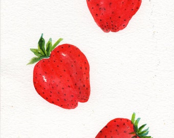 Strawberries original watercolor painting, 5x7 Small Fruit Artwork, Food kitchen décor,  5 x 7, culinary watercolor painting