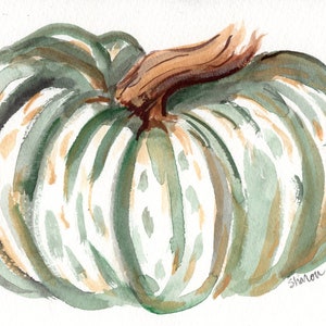 White, Green Striped Pumpkin 5 x 7 Watercolor Painting - Original Artwork