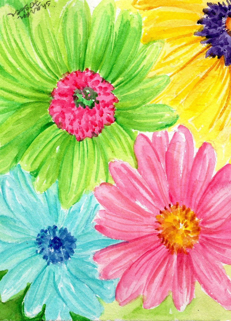 Gerbera Daisies Original Watercolor Painting 5 x 7 Flower Painting, Small Floral Wall Art image 3