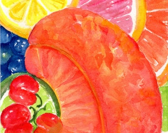Original Citrus Watercolor Painting, Cherries, Clementine, Grapefruit, Lime slices, Fruit art 5x7  Farmhouse kitchen decor