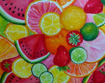 Citrus watercolor painting original 11 x 11 Grapefruit, Lemon, Orange, Lime Watercolor, Citrus Artwork. Modern Kitchen  Art Decor