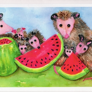 Greeting card - Possum Print of My Possum Watermelon Picnic Painting Watercolor Painting, Opossum Art, Possum family eating watermelon