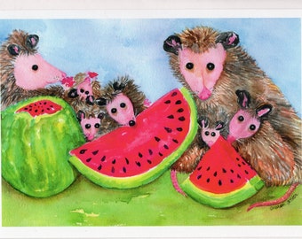Greeting card - Possum Print of My Possum Watermelon Picnic Painting Watercolor Painting, Opossum Art, Possum family eating watermelon