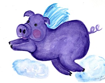 Purple Flying Pig watercolor painting original  5 x 7 when pigs fly, pigs with wings art, flying pig art decor,