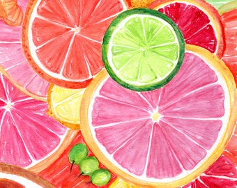 Citrus watercolor painting original 8 x 10 Grapefruit, Lemon, Orange, Lime Watercolor, Citrus Artwork. Modern Kitchen  Art Decor,