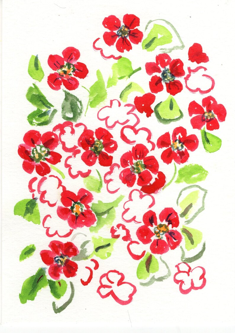 Red Yarrow watercolor painting original 5 x 7 small flower art