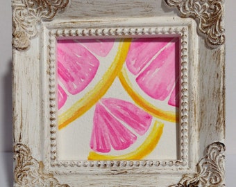 Original Mini Pink Grapefruit Slices Watercolor Painting, Small Fruit Still Life Art, Framed 4x4