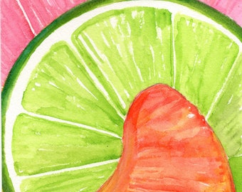 Original Citrus Watercolor Painting Grapefruit, Orange, Lime, Citrus Fruit ART 5 x 7 kitchen decor,