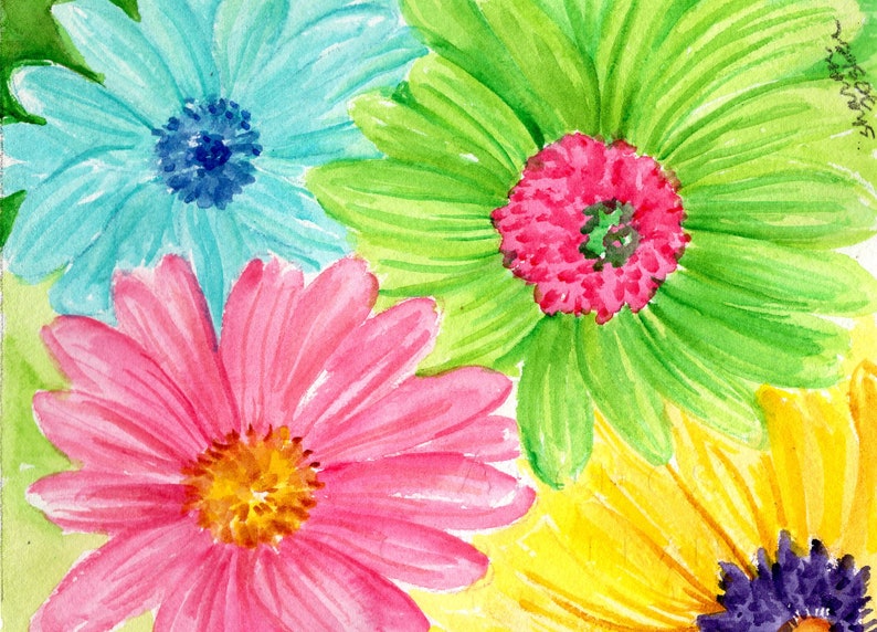 Gerbera Daisies Original Watercolor Painting 5 x 7 Flower Painting, Small Floral Wall Art image 4