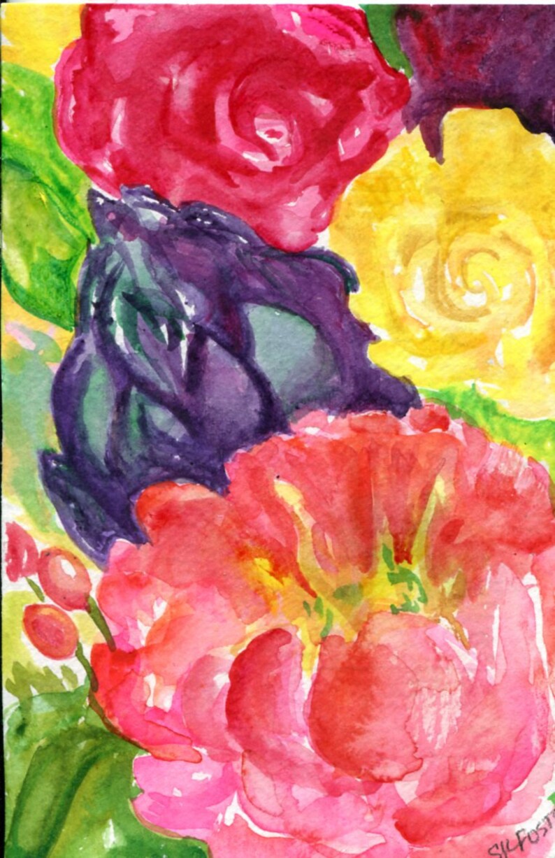 yellow flowers floral art roses watercolor painting original 4 x 6 Pink artichoke Peonies