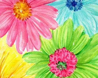 Gerbera Daisies Original Watercolor Painting 5 x 7 Flower Painting, Small Floral Wall Art