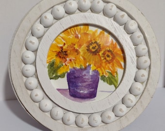 Original sunflower mini watercolor painting with round 5 in. white distressed small wood frame,