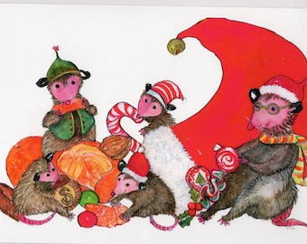 Christmas Card Possum Family  -  watercolor print,  Opossums Holiday Greeting Card 5 x 7, whimsical animal cards