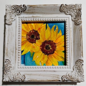 Sunflowers Original Flower Miniature Watercolor Painting, Tiny Floral Still Life Painting, 3x3 Mini Art, Framed 4x4 inch, tiny accents