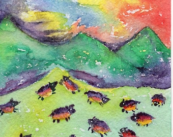 Original Sunset Sheep Watercolor Painting, 7 x 5 Small Animal Art, Lambs watercolor painting, Colorful sheep