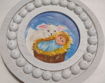 Original baby Jesus in manger, Nativity Miniature Watercolor Painting,  3 inch round Mini Painting, 5 in. round frame, gift under 30