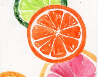 Citrus original watercolor painting, citrus fruit watercolor 4 x 6, home