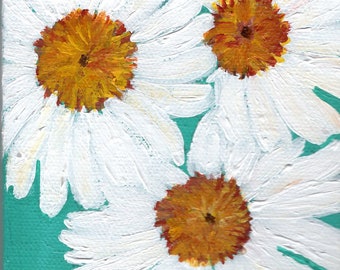 Shasta Daisies Painting Original, daisy mini canvas art 4 x 4  flowers art