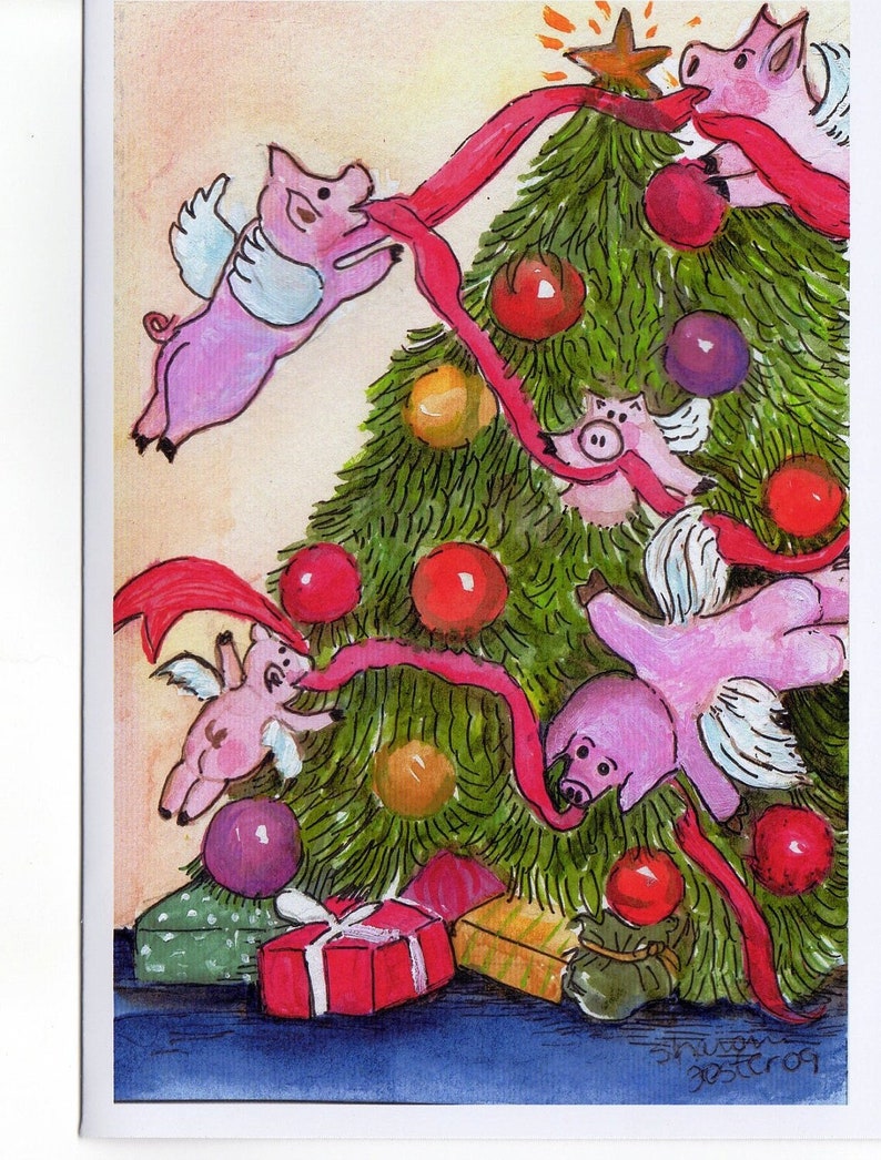 Christmas Card Flying Pigs Decorate the Christmas Tree Card Print from my original painting, Pigs with wings Christmas Greeting image 1