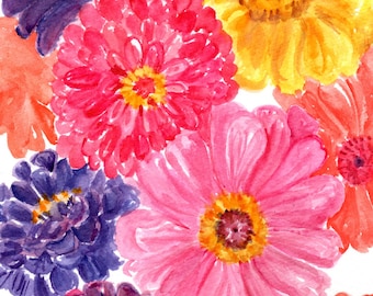 Original Zinnias Watercolor Painting 5 x 7  zinnia flower art