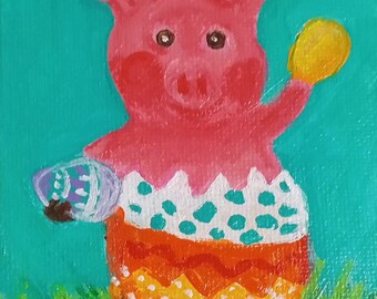 Playful Pig in Easter Egg Mini Canvas Art - Original 3x4 Painting, home gift under 35, gift for pig lover