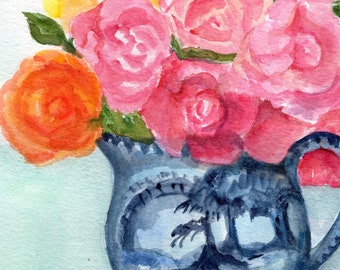 Roses watercolor painting original, blue white chinoiserie  Vase   5 x 7 watercolor flowers