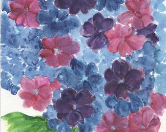 Purple and Blue Hydrangeas watercolor painting original 5 x 7, home gift, gift