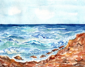Seascape Aruba Watercolor Painting - Original Beach Art of Malmok Beach, 8 x 10